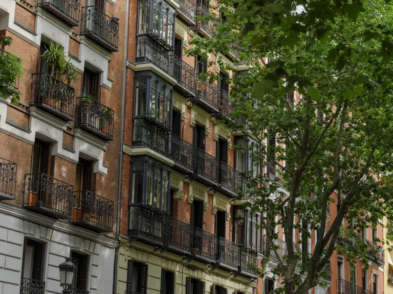 Historic Madrid Walking Tour 15 Residential Madrid street in the Austrias quarter with wrought-iron balconies and a tree, on a Dinamo Historic Madrid Walking Tour