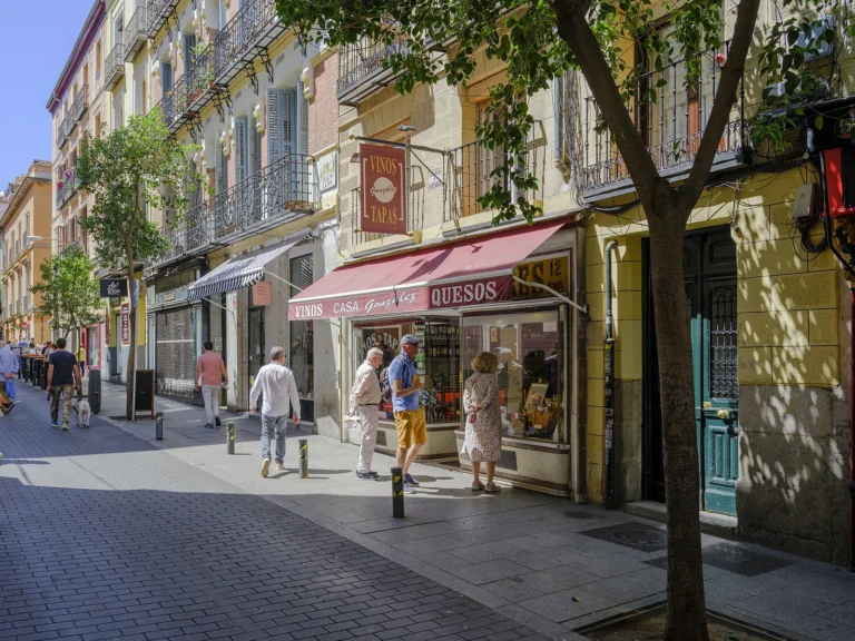 Historic Madrid Walking Tour 4 Walkers on a quiet Madrid central street with closed shop shutters during a Dinamo Historic Madrid Walking Tour