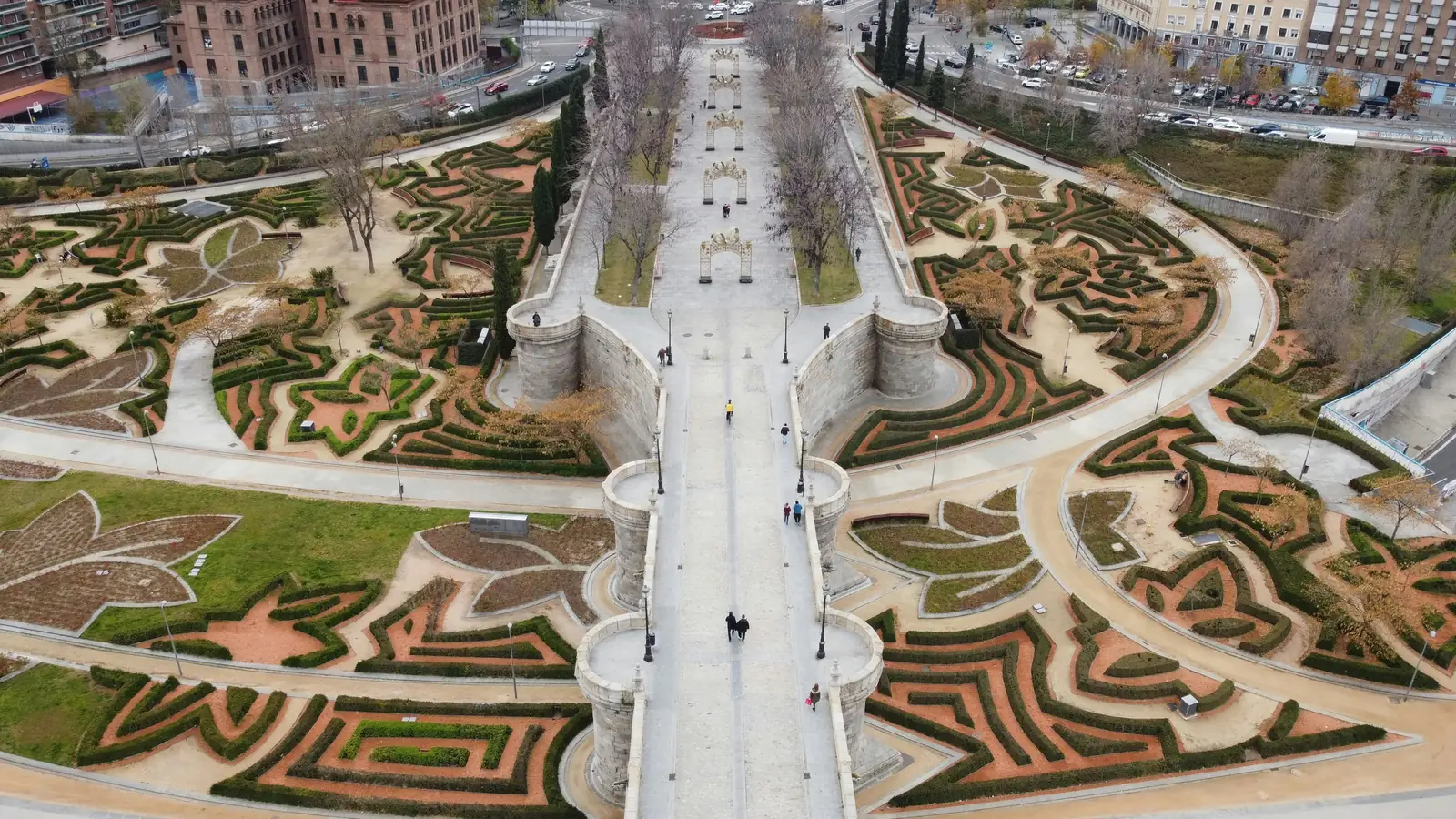 where to stay in madrid 7 Aerial view of the Puente de Toledo and the hedge gardens of Madrid Río park